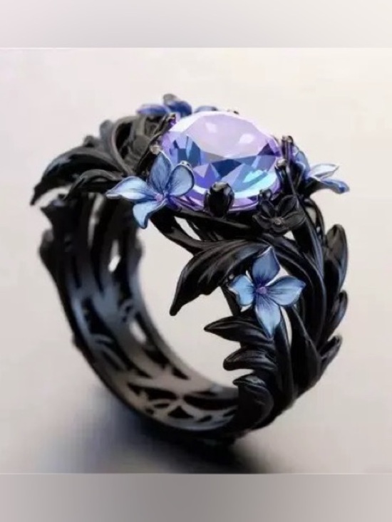 None Jewelry - Black Floral Ring with Purple Center and Blue Flower Accents Size 7